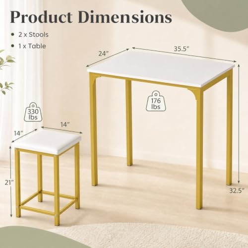 COSTWAY Dining Table Set, Counter Height Table & 2 Upholstered Stools