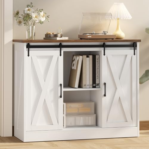Farmhouse Coffee Bar Cabinet, 42" Buffet Cabinet with 2 Sliding Barn Doo...