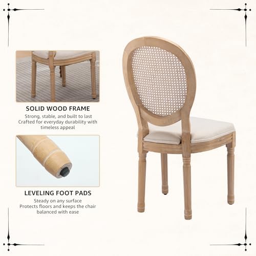 Vintage French Rattan Dining Chairs Set of 4, Solid Wood Frame with Round Rat...