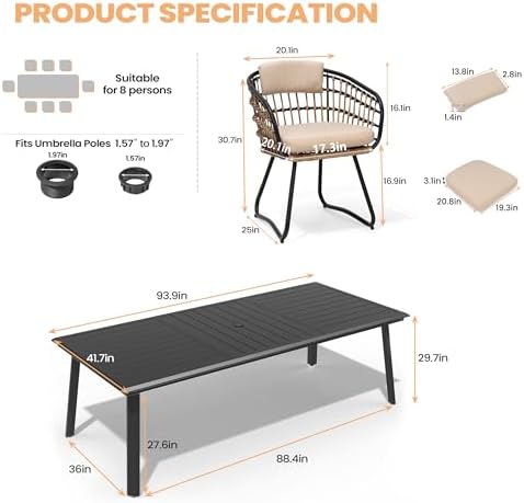 Pellebant 9 Piece Outdoor Dining Set for 8, Aluminum Table & Wicker Chairs