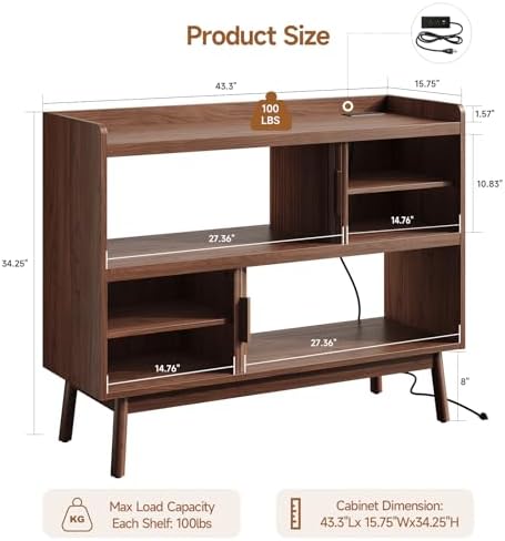 ONBRILL 44" Sideboard Buffet Cabinet with Outlet & Sliding Door, Wlanut
