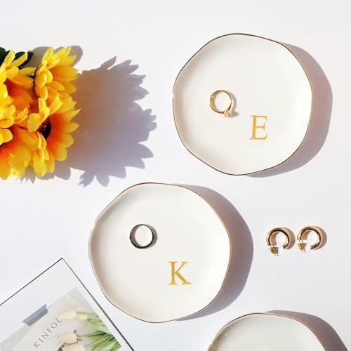 Ceramic Jewelry Tray Initial Ring Dish Personalized K-Monogrammed Engagement Wedding Gifts, for Birthday Mother's Day Christmas for Women, Ceramic White 4.75" (Y)