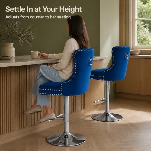 Blue Modern Swivel Bar Stools Set of 2, Velvet Counter Height Bar Stools for ...
