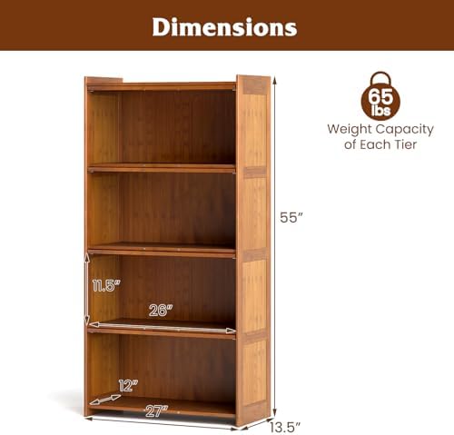 GIANTEX 4-Tier Bookcase with Clear Doors, 55" Bamboo Bookshelf with Flip...