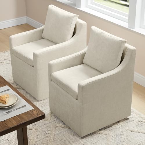 KISLOT Upholstered Dining Chairs Set of 2 with Casters, Light Linen