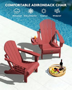 SERWALL Folding Adirondack Chair, 4 in 1 Cup Holder Wood Texture - Red | Outdoor Adirondack Chairs, Plastic Fire Pit Chair with Wood Texture, 4 in 1 Tray, Lawn Chair, Backyard Patio Seating