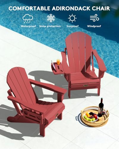 SERWALL Folding Adirondack Chair, 4 in 1 Cup Holder Wood Texture - Red | Outdoor Adirondack Chairs, Plastic Fire Pit Chair with Wood Texture, 4 in 1 Tray, Lawn Chair, Backyard Patio Seating
