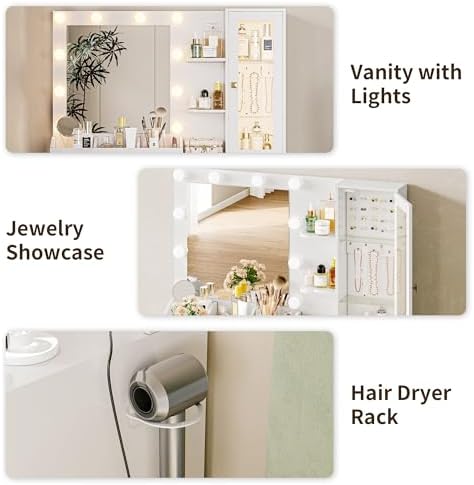HUANLEGO Vanity Desk with Mirror and Lights, White Makeup Vanity Mirror with ...