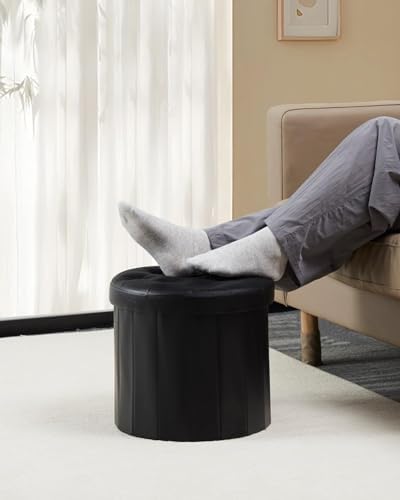Bsketa Round Storage Ottoman, 14" Folding Leather Foot Rest Stool, Black