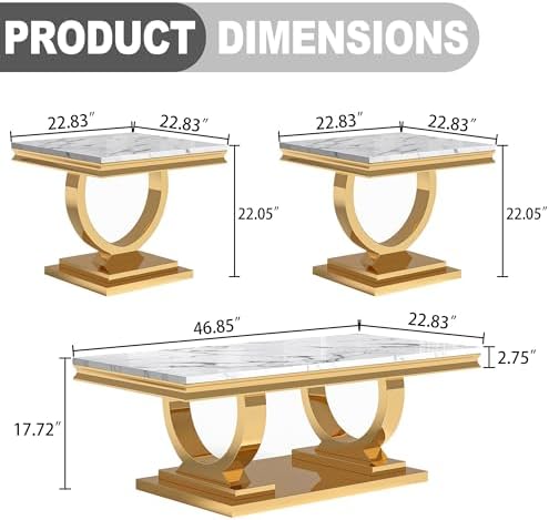 Marble Coffee Table Set of 3, Includes 1 Coffee Table with 2 Square End Side ...