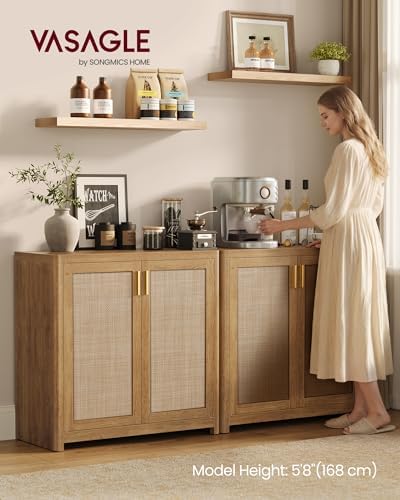 VASAGLE Boho Buffet Cabinet with Rattan-Look Doors, Adjustable Shelf
