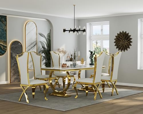ACEDÉCOR 7 Piece Dining Table Set, Luxury White and Gold Kitchen and Dining R...