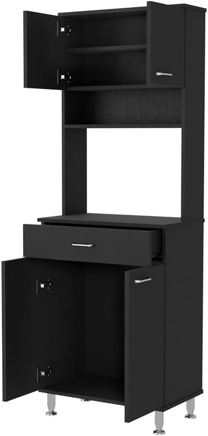 Modern Kitchen Pantry, Black Storage Cabinet with 2 Door Cabinets, 1 Drawer, ...