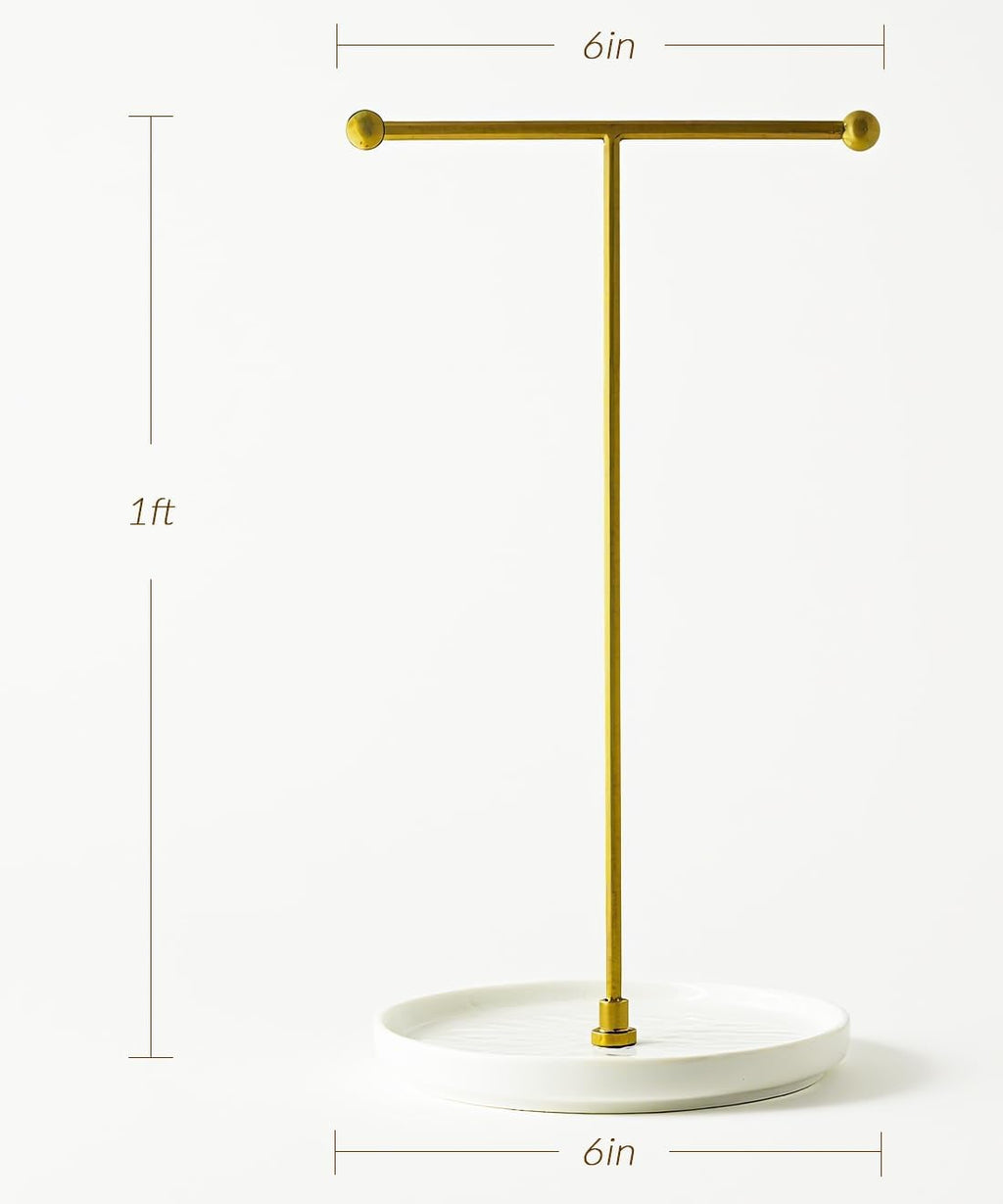 VROOMIUM Necklace Holder Stand - 6in Ceramic Base X 1ft Height, Aesthetic Decor for Bedroom, Jewelry Organizer for Necklace, Bracelets, Rings, Exhibidor de Collares- Classic White