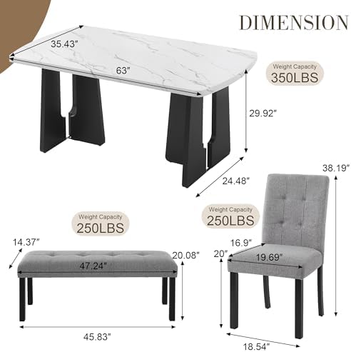 Merax 6 Piece Dining Table Set, 63" Faux Marble Dining Table with 4 Upho...
