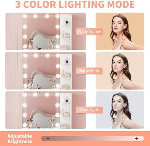 Makeup Vanity Desk with Mirror and Lights, 26.4”Small Vanity Mirror with Ligh...