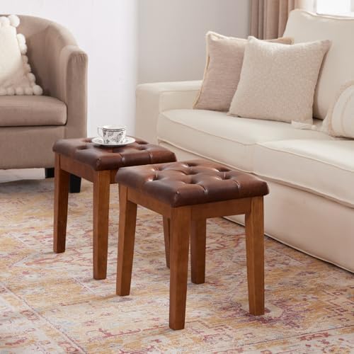 Ottoman Vanity Wooden Stool with Padded Seat, Faux Leather Brown | Square Woo...