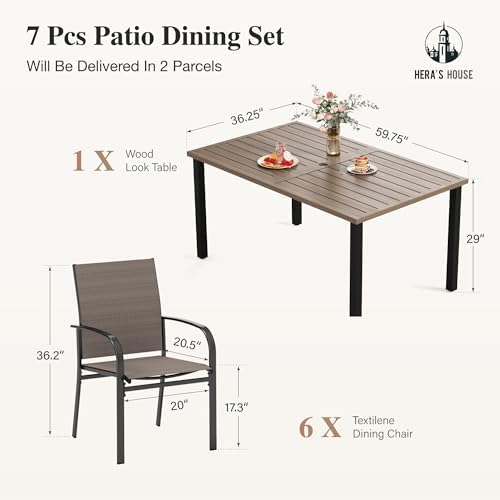 HERA'S HOUSE 7pc Patio Dining Set, Outdoor Wood-Like Metal Table & 6 ...