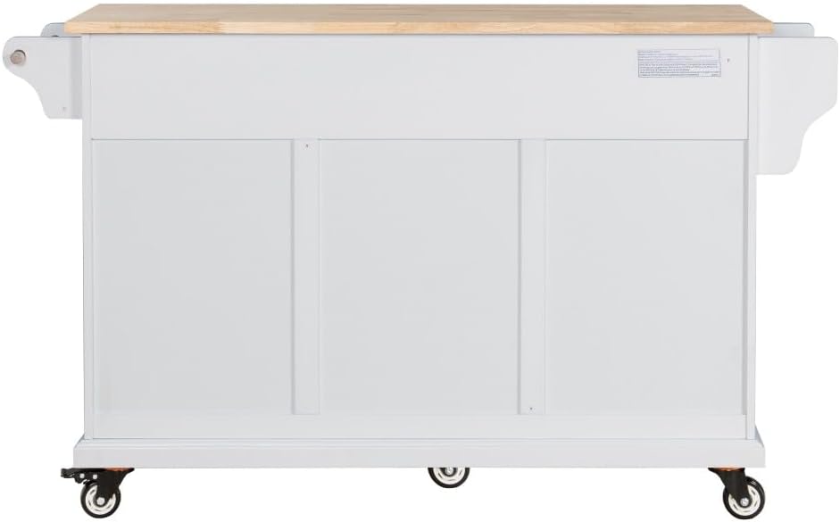 Kitchen Island with Rubberwood Top, Cabinet, 5 Drawers and Wheels, White | Ro...