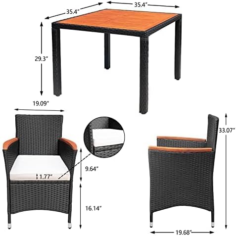 Devoko 5 PCS Acacia Wood Patio Dining Set, Black Rattan