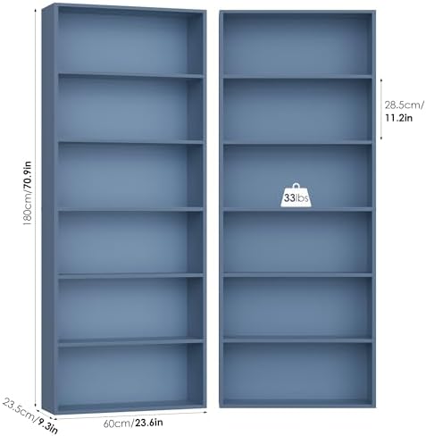 FOTOSOK 6 Tier Tall Bookshelf and Bookcase, Open Display Shelves, Blue 2PK