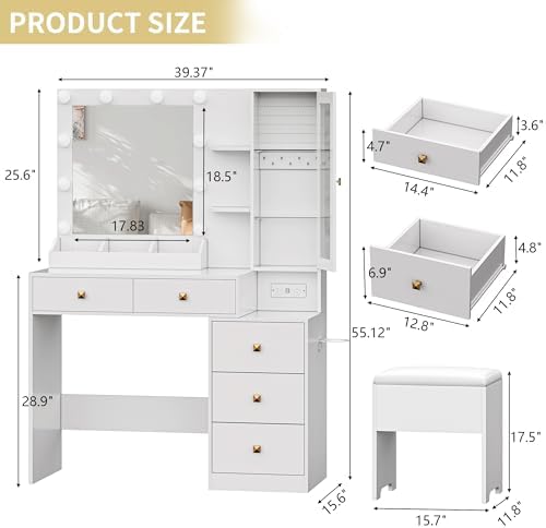Vanity Desk with Mirror and Lights, Makeup Vanity Table Set with 5 Storage Dr...