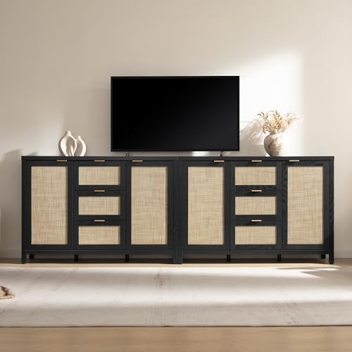 SICOTAS Sideboard Buffet Cabinet with 3 Drawers, Rattan Storage Cabinet