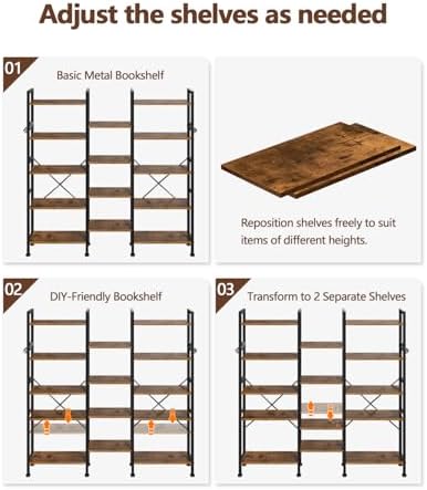 Furologee Triple 5 Tier Bookshelf with 14 Display Shelves, Rustic Brown