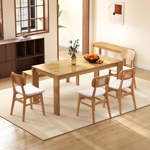 ROCITY Rattan Dining Chairs Set of 6 White Lambswool Dining Room Chairs Natur...