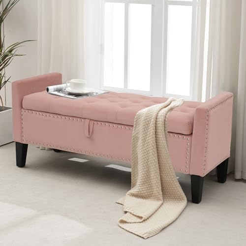 Velvet Ottoman with Storage, 46'' Upholstered Button Tufted End of Be...