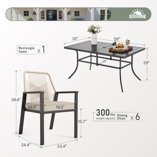 SUNSHINE VALLEY 7pc Patio Dining Set, 59" Metal Table & 6 Rattan Chairs
