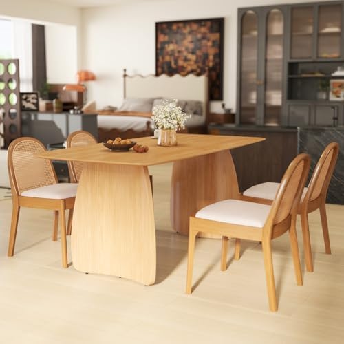 HEAH-YO Rattan Dining Chairs Set of 4, Upholstered Linen Dining Room Chairs w...