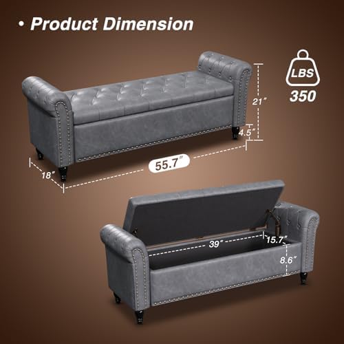 FiveWillowise 55" Bedroom Bench, End of Bed Bench with Storage, Grey