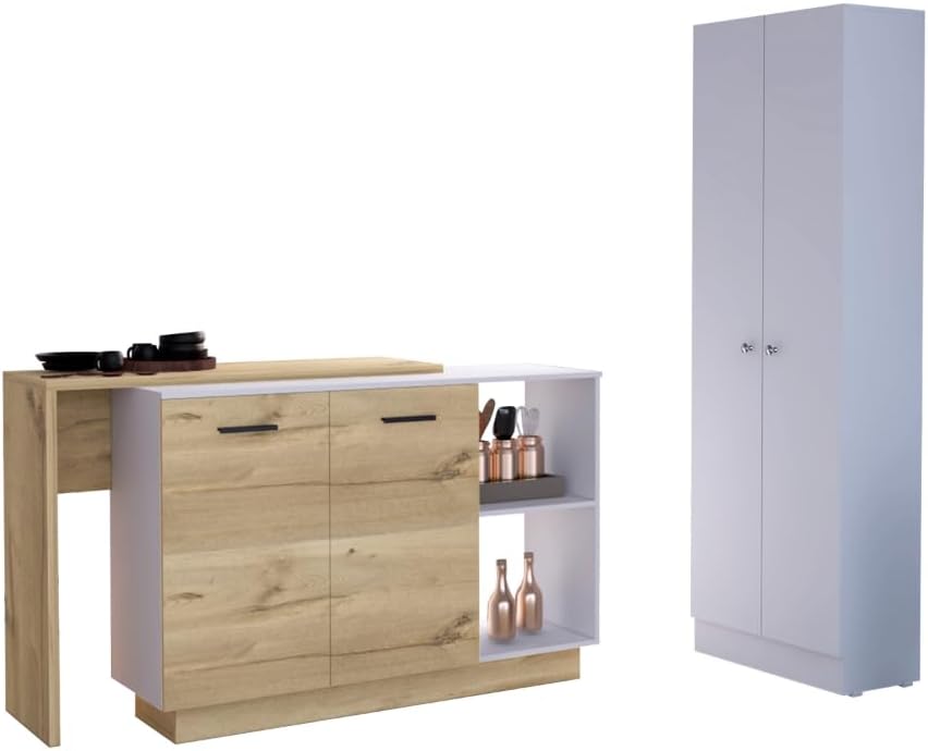 White and Light Oak 4-Door Kitchen Set with Island and Pantry Cabinet | Inclu...