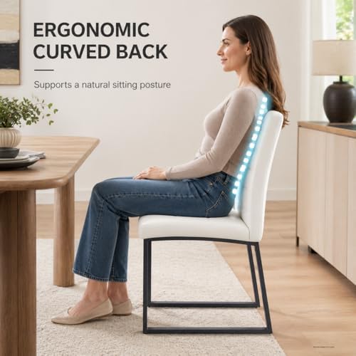 Modern Dining Chairs Set of 4, White Faux Leather Kitchen Chairs, Upholstered Armless Dining Room Chair with Black Mental Legs Heavy Duty, Comfortable (White Chairs, Set of 4)