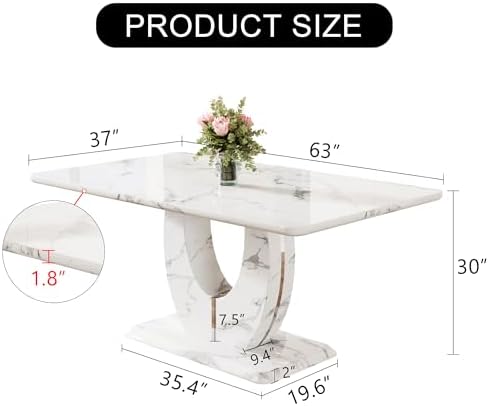JUFU 63" Faux Marble Dining Table for 4-6 People, Modern Rectangular Kit...