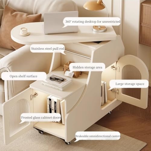 Mobile Side Table with Storage, Sofa End Table with Rotating Top, Glass Door ...