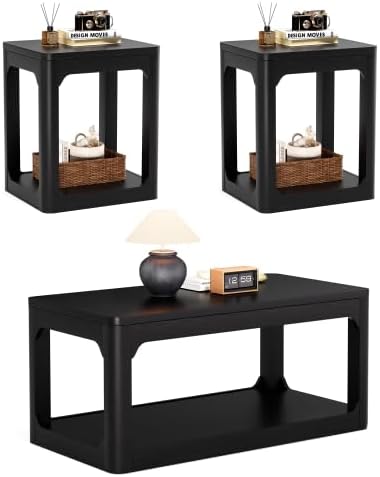 3 Piece Coffee Table Set, Farmhouse Wooden Living Room Table Set | Open Frame...