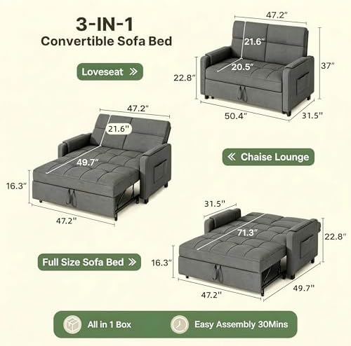 Gizoon Convertible Sofa Bed Modern Couch Bed & Small Loveseat Sleeper, Gr...