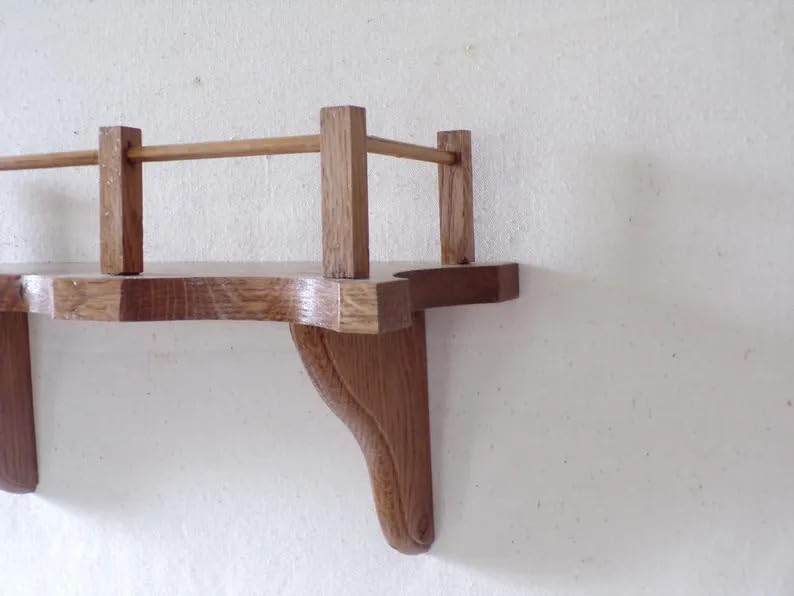 Rustic Wooden Wall Shelf with Rail, Natural Oak Floating Shelf, Decorative Storage Shelf for Living Room Bedroom Bathroom, Handcrafted Solid Wood Wall Mounted Shelf