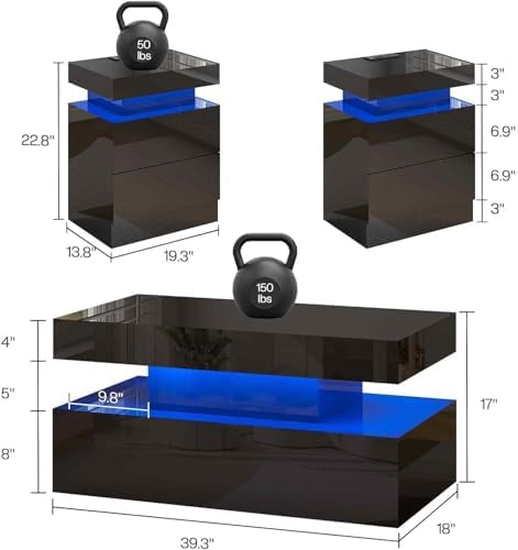 LUXOAK 3-Piece Modern Coffee Table Set with LED Lights | High-Gloss Finish, C...