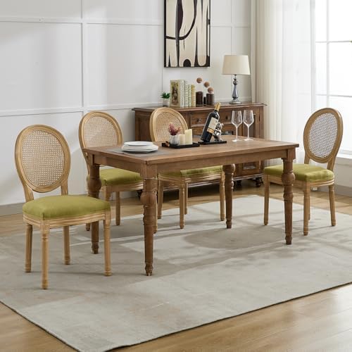 French Country Dining Chairs Set of 6, Olive Cane Back Rattan Dining Chairs w...