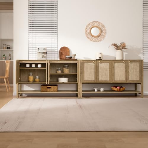 SICOTAS Boho Rattan 110" Long Sideboard Buffet Cabinet with Storage Doors