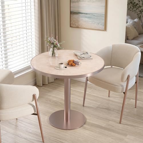 31.5'' Tulip Table, Round Dining Table with Glossy Sintered Stone Tabletop | Rose Gold Aluminum Alloy Edge & Pedestal, Small Bistro Table for Dining Room/Café/Small Spaces/Restaurant (Blush Onyx)