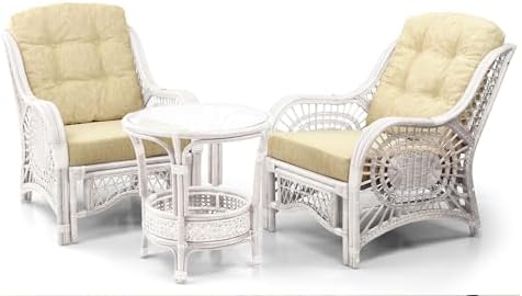 Malibu Living Set of 2 Chairs Natural Rattan Wicker Handmade with Cream Cushi...