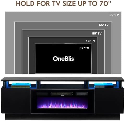 70" TV Stand for Living Room, Modern Entertainment Center & Media Console, Fits TVs up to 80", Storage Cabinet with Shelves, 36" Electric Fireplace with LED Flame (All Black)