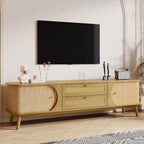 Bellemave Rattan TV Stand for up to 75", Modern Media Console with 2 Cabinets & 2 Drawers, Solid Wood Entertainment Center with Sliding Doors for Living Room, Bedroom (Natural)