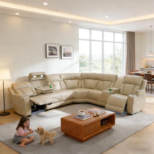 Breathing Leather Reclining Sofa Set,Power Recliner Sectional Couch with LED ...