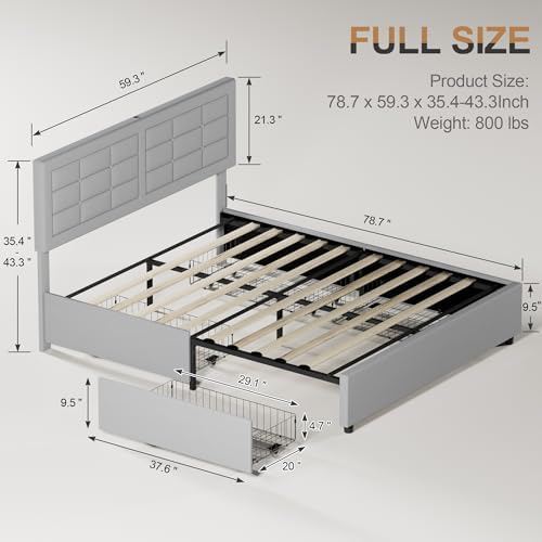 VECELO Full Size Bed Frame with 4 Drawers, Adjustable Tufted Button Headboard...
