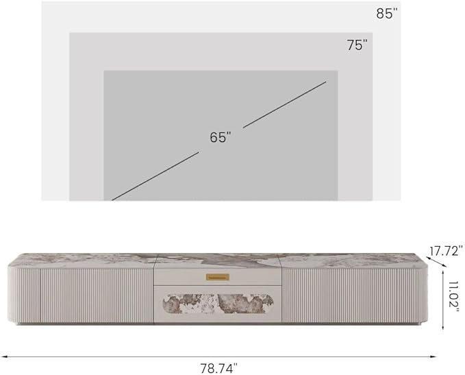 POVISON Fully-Assembled Modern Low Profile TV Stand with Ultra-Short Throw Projector Platform, Sintered Stone Entertainment Center with Storage, Wood TV Console, Media Console for Living Room